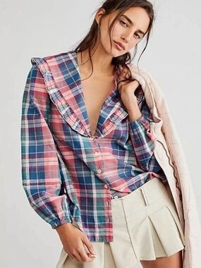 Free People Multicolor Plaid Ruffle Top